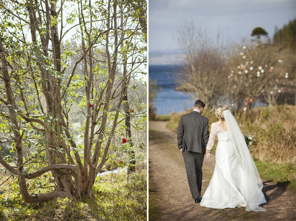 newlyweds walking toward a rocky beach stonefield castle
