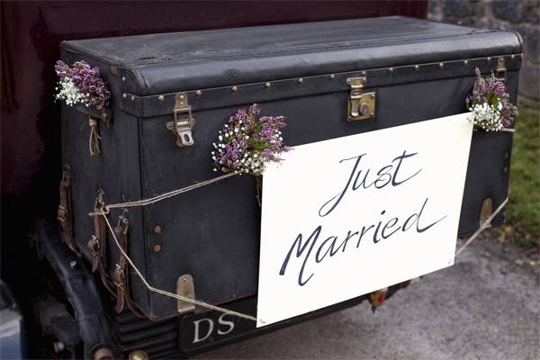 vintage car with sign just married