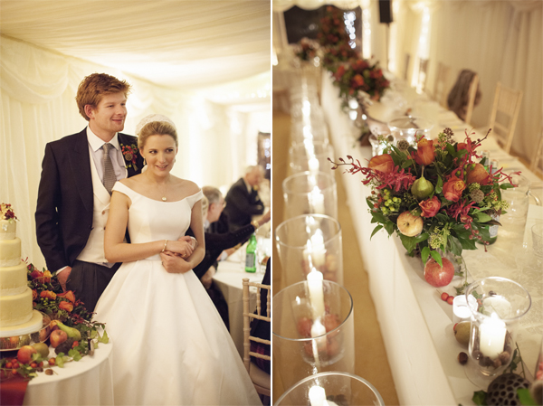 bride and groom holding hands and wedding table decoartions during christmas