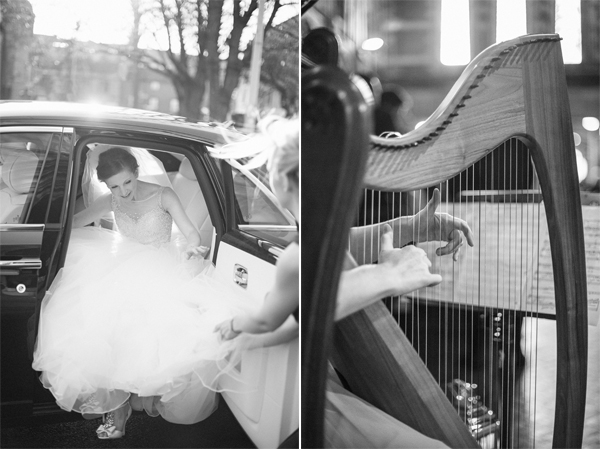 bride getting out from a wedding car and harph playing