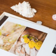 wedding album by Wedding Photographers Glasgow with wooden box and shell