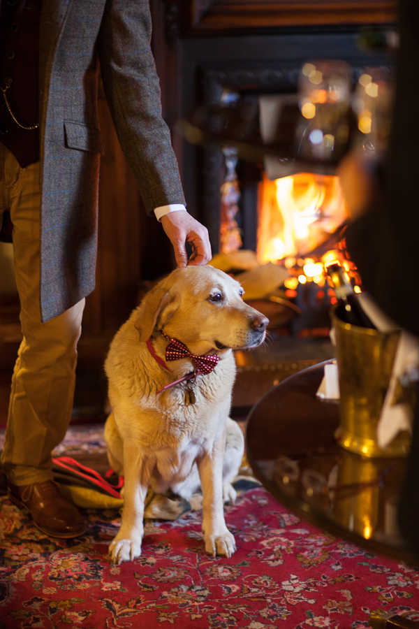 dog and groom inside the lodge on loch goil scotland