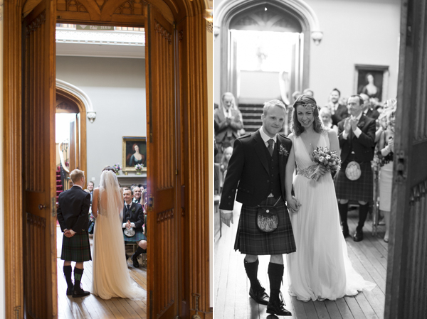 bride and groom walking away from ceremony