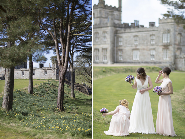 bride with bridesmates outside in the Blairquhan Castle