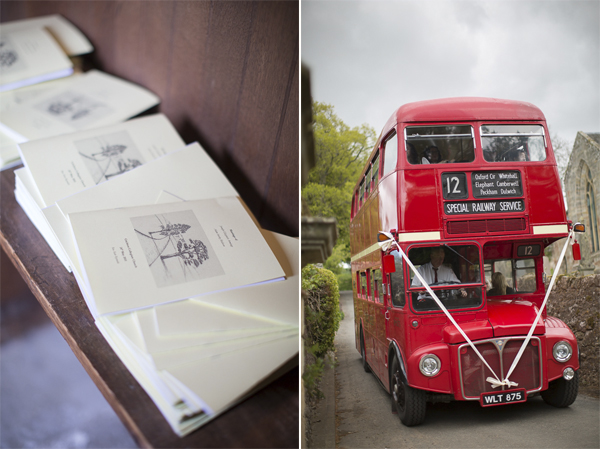 wedding invitation and bus with wedding guests