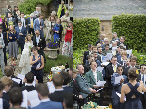 wedding guests singing in choir at wedding reception