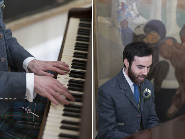 groom playing piano during wedding photo shoot at boturich castle