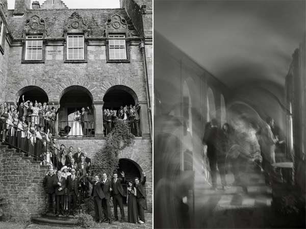 weddign group shoot with whole party on steps of ardkinglas house 