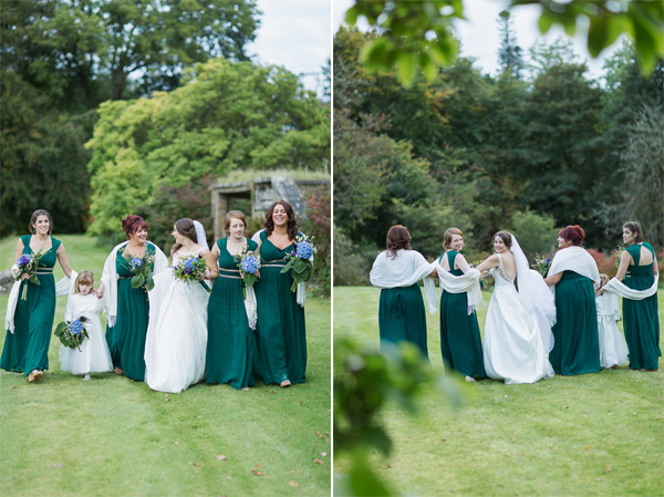 bridesmates with bride walking in teh garden at scottish castle garden
