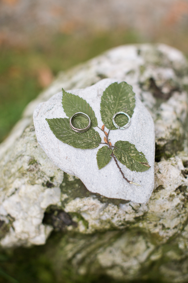 wedding rings on a rock with dried leaves