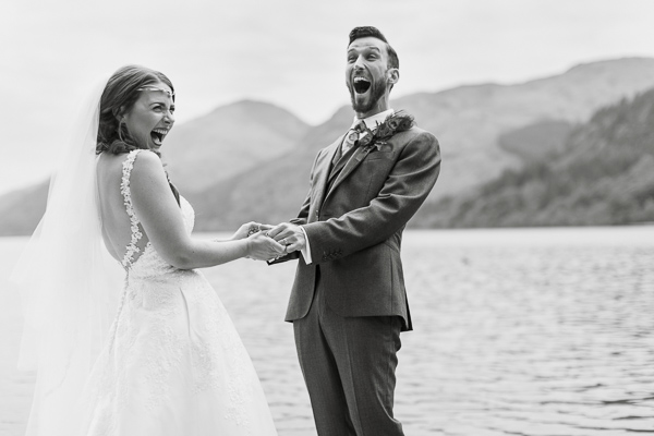 bride and groom excited about to kiss