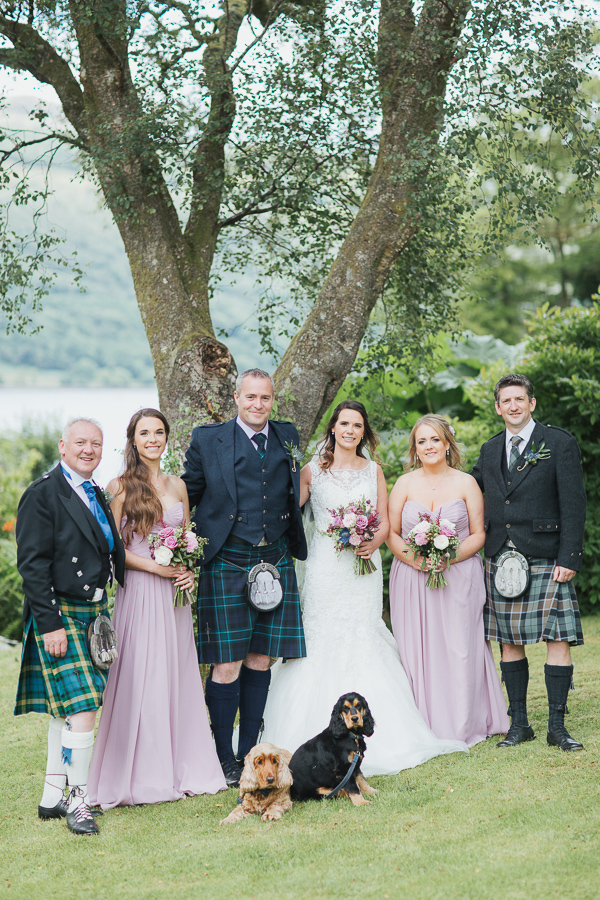 bridal party with dogs at the lodge on loch goil