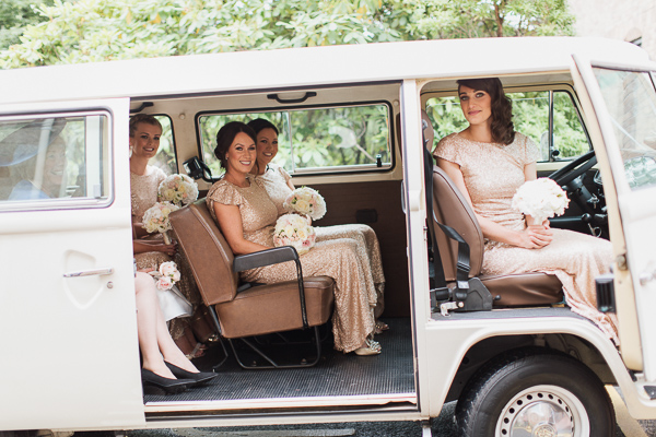 bridesmaids arriving aht the church in bearsden scotland 