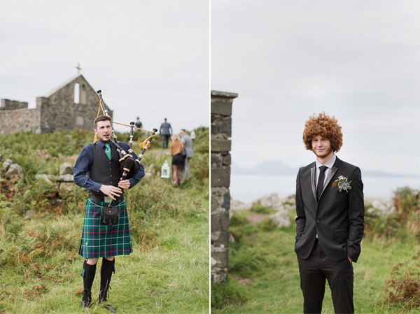 scottish piper on beach ceremony and best man with afro haircut