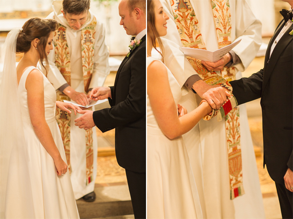 bride and groom exchanging rings during wedding ceremony