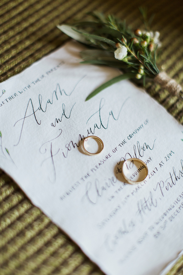 wedding invitations and rings at the luxury hotel cromlix 