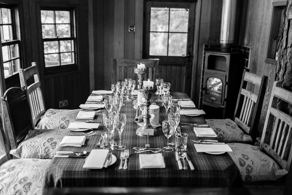 table set up for wedding at the tree house on the lodge on loch goil