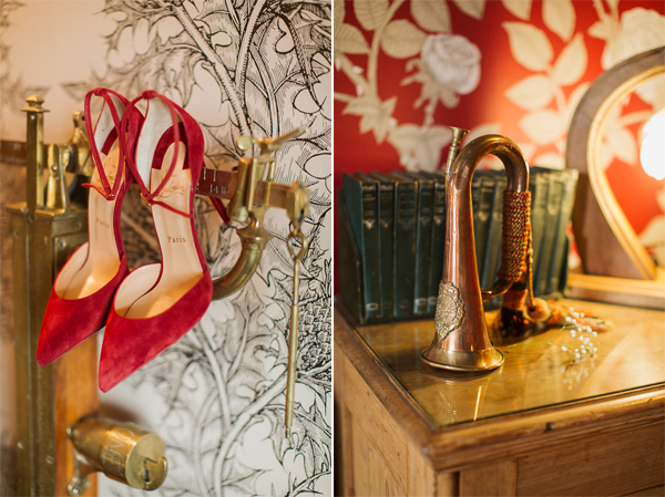red wedding shoes and detail and the lodge on loch goil wedding
