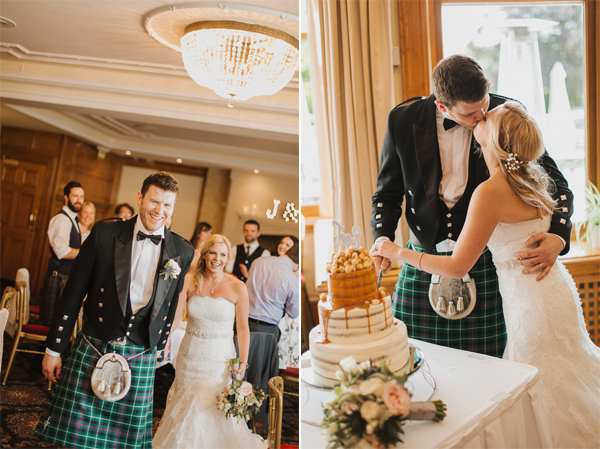 bride and groom walking in and cutting wedding cake