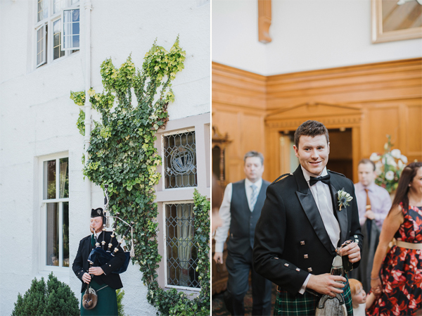 piper playing outside hotel and groom just before ceremony