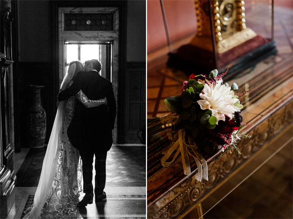 bride and groom kissing and flowers on table