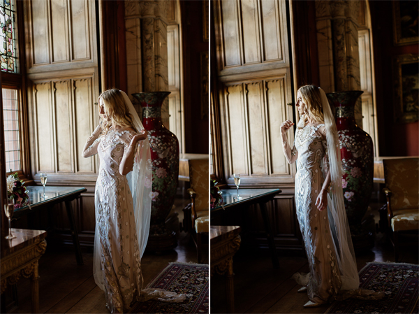 bride fixing her veil in drawing room