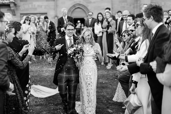 bride and groom at mount stuart confetti