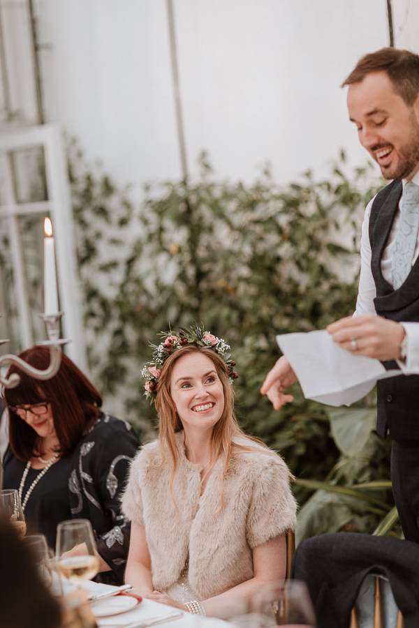 groom and bride laughing during the speeches glenapp castle