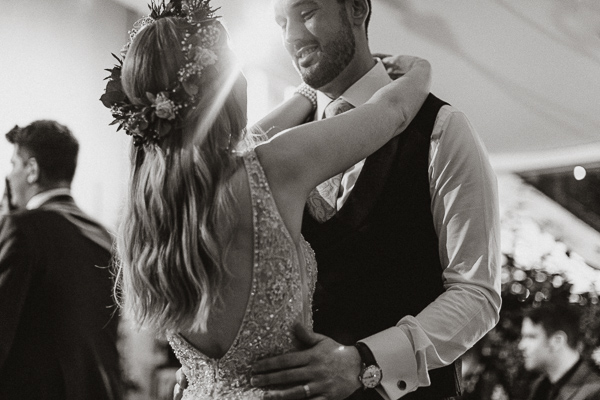 groom looking at the brdie during their evening dance ayrshire weddings 