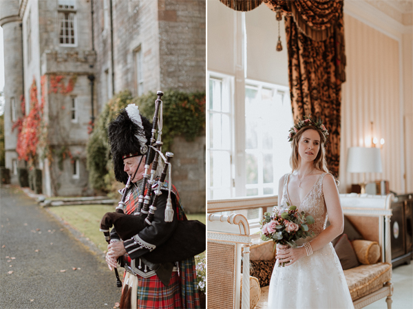 Glenapp Castle in the background while piper is pipping for a wedding 