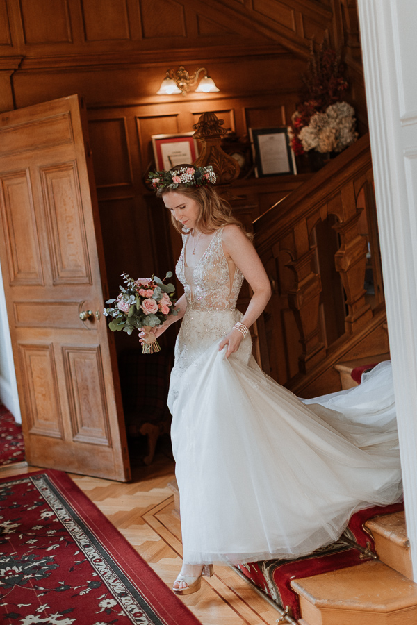 Bride walking down the steps at Glenapp  Wedding Venue Scotland