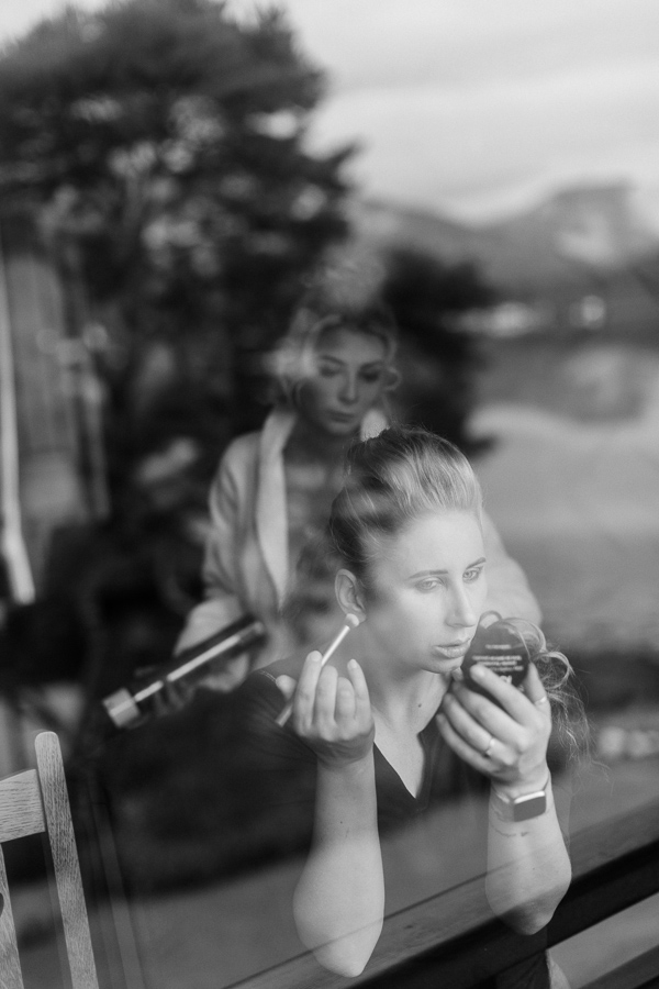 bride and her friend at the lodge on loch goil for a wedding 